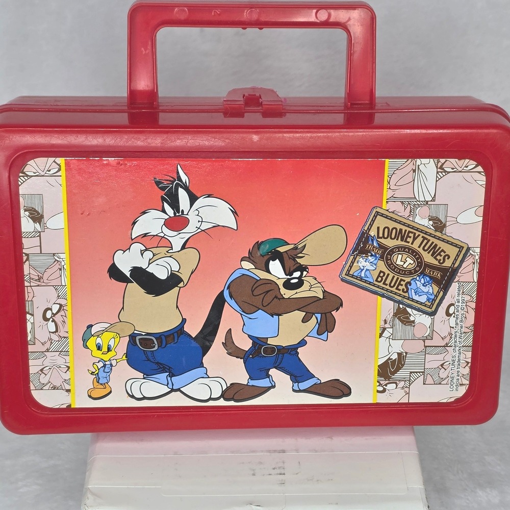 Vintage 1997 Looney Tunes Blues Red Plastic Lunch Box Sylvester Taz Tweety